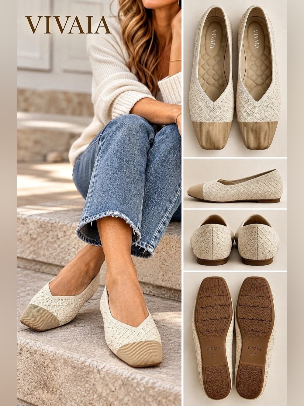 VIVAIA Cream & Beige Knit Square Toe Ballet Flats – Size 40.5 NWOT